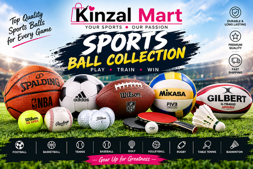 Sports ball collection featuring soccer and volleyball equipment at Kinzal Mart